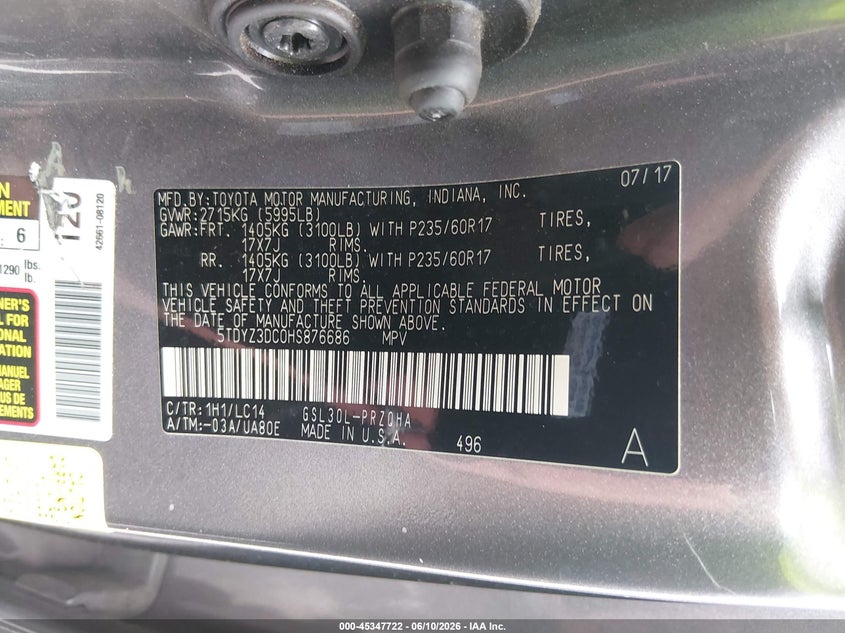 2017 Toyota Sienna VIN 5TDYZ3DC0HS876686 IAAI salvage auction — WATER/FLOOD, Rebuildable (Florida), sold $2,600 on 2026-07-13 (photo 9)