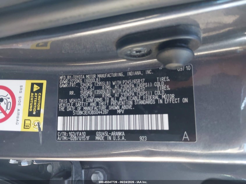 2011 Toyota Highlander VIN 5TDBK3EH3BS044397 IAAI salvage auction — REAR END, Clear (Virginia), sold $2,650 on 2026-07-21 (photo 9)