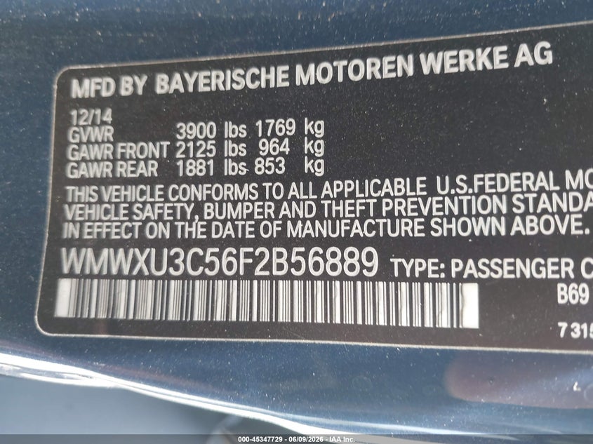2015 Mini Cooper VIN WMWXU3C57FZB56889 IAAI salvage auction — LEFT SIDE, Salvage Title, sold $775 on 2026-07-29 (photo 9)