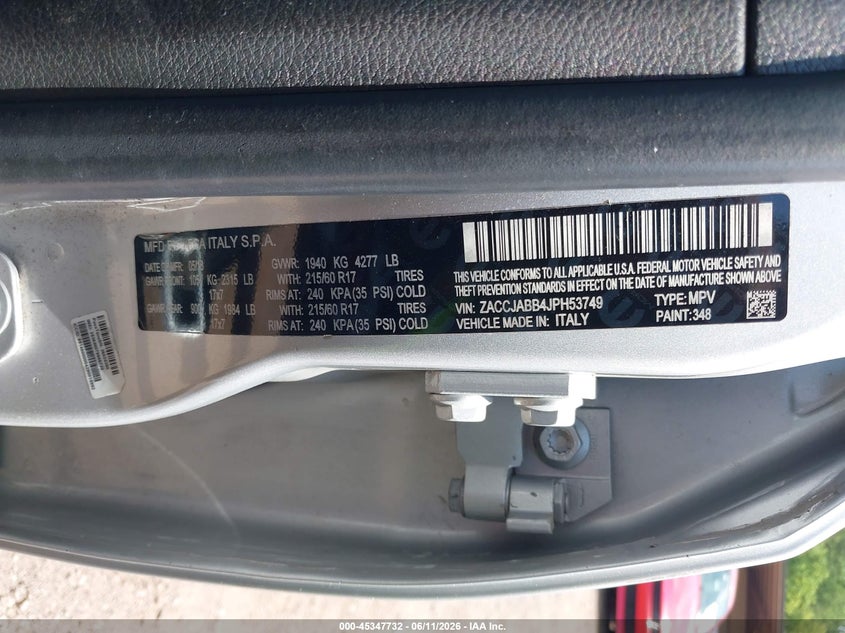 2018 Jeep Renegade VIN ZACCJABB4JPH53749 IAAI salvage auction — NORMAL WEAR, Clear (Alabama), sold $1,325 on 2026-08-12 (photo 9)