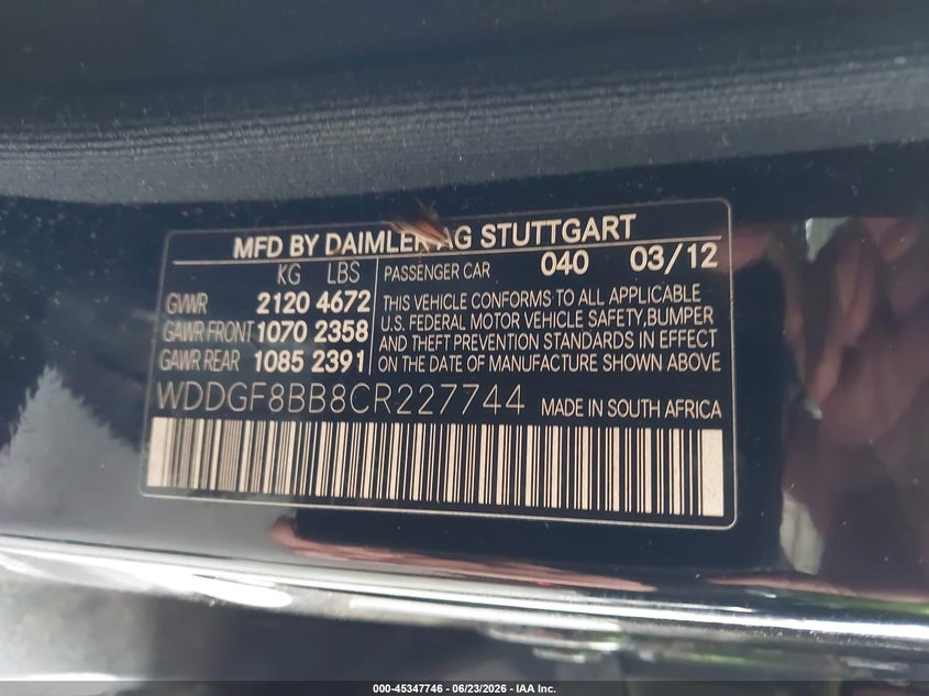 2012 Mercedes-benz C-klasse VIN WDDGF8BB8CR227744 IAAI salvage auction — LEFT FRONT, Wait Title, sold $575 on 2026-08-12 (photo 9)