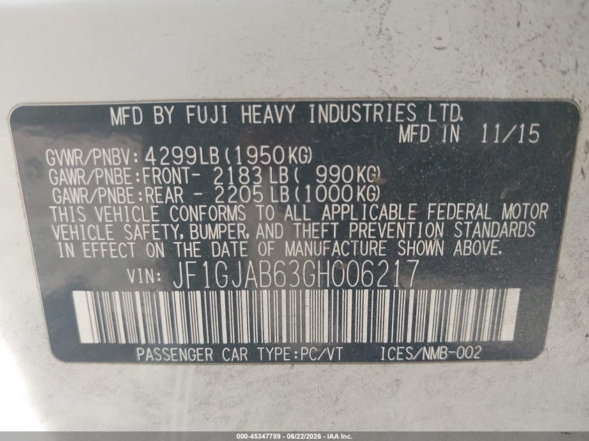2016 Subaru Impreza VIN JF1GJAB63GH006217 IAAI salvage auction — NORMAL WEAR, Salvage (Montana), sold $550 on 2026-07-28 (photo 9)