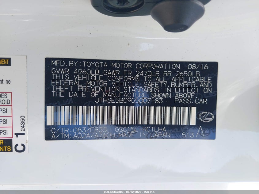 2016 Lexus Rc VIN JTHSE5BC9G5007183 IAAI salvage auction — RIGHT SIDE, Clear (Washington), sold $24,100 on 2026-09-02 (photo 9)