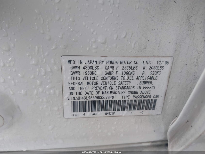 2006 Acura Tsx VIN JH4CL95896C007946 IAAI salvage auction — FRONT END, Rebuildable (Florida), sold $325 on 2026-07-07 (photo 9)