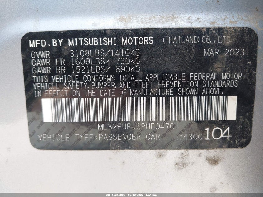 2023 Mitsubishi Mirage VIN ML32FUFJ6PHF04701 IAAI salvage auction — FRONT END, Salvage (Missouri), sold $1,850 on 2026-07-31 (photo 9)