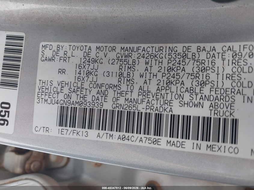 2010 Toyota Tacoma VIN 3TMJU4GN9AM093939 IAAI salvage auction — FRONT END, Salvage (Georgia), sold $2,900 on 2026-07-10 (photo 9)
