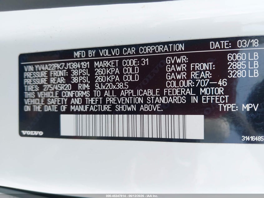 2018 Volvo Xc90 VIN YV4A22PK7J1384191 IAAI salvage auction — REAR END, Salvage (Mississippi), sold $5,500 on 2026-07-09 (photo 9)