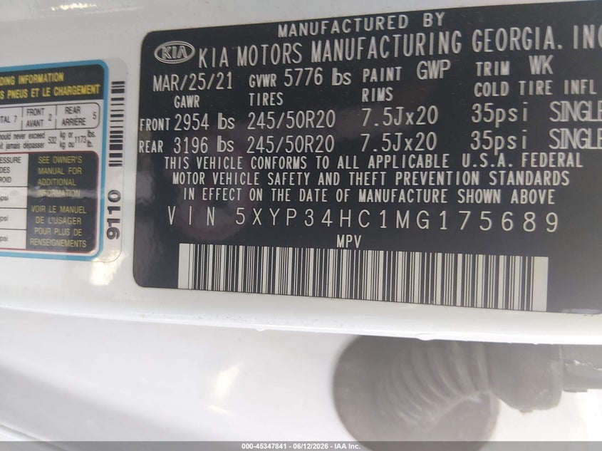 2021 Kia Telluride VIN 5XYP34HC1MG175689 IAAI salvage auction — REAR END, Salvage (South Carolina), sold $7,825 on 2026-08-01 (photo 9)