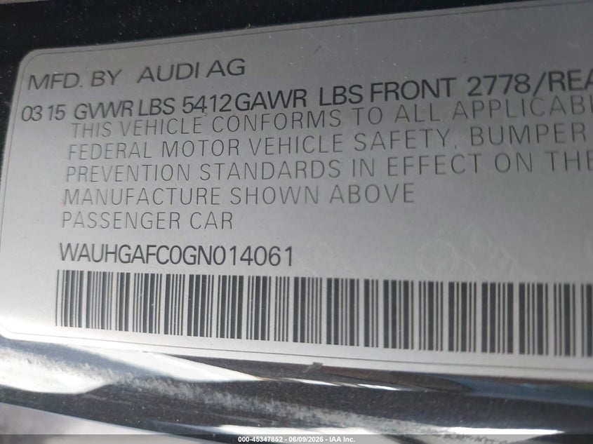 2016 Audi A6 VIN WAUHGAFC0GN014061 IAAI salvage auction — FRONT END, Salvage Title, sold $900 on 2026-07-08 (photo 9)