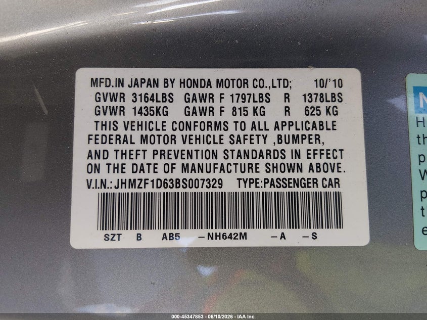 2011 Honda Cr-z VIN JHMZF1D63BS007329 IAAI salvage auction — REAR END, Salvage (Nevada), sold $250 on 2026-07-17 (photo 9)