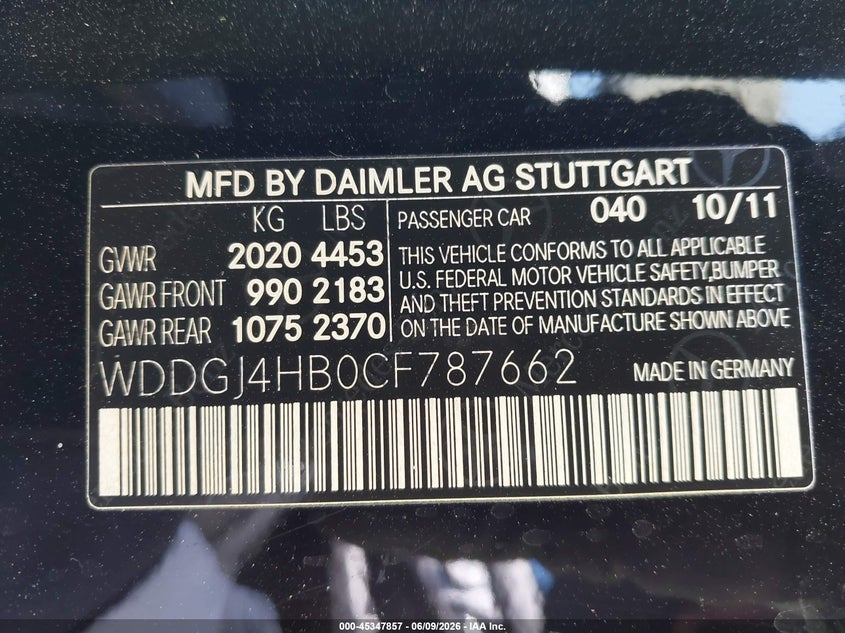 2012 Mercedes-benz VIN WDDGJ4HB0CF787662 IAAI salvage auction — NORMAL WEAR, Salvage Title, sold $400 on 2026-08-11 (photo 9)