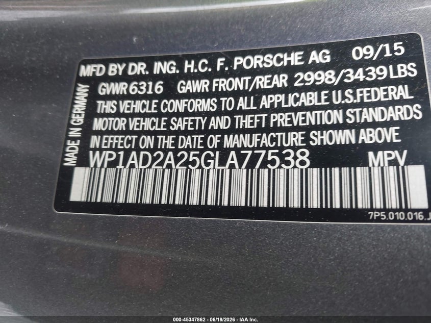 2016 Porsche Cayenne VIN WP1AD2A25GLA77538 IAAI salvage auction — FRONT END, Mv-907A (New York), sold $3,750 on 2026-08-11 (photo 9)