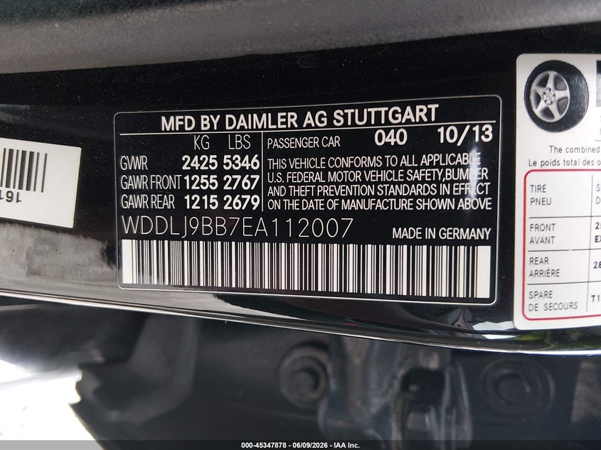 2014 Mercedes-benz VIN WDDLJ9BB7EA112007 IAAI salvage auction — NORMAL WEAR, Salvage Title, sold $2,600 on 2026-07-15 (photo 9)