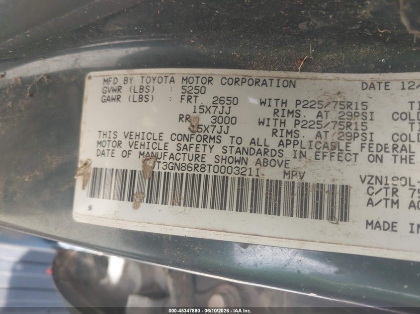 1996 Toyota 4runner VIN JT3GN86R8T0003211 IAAI salvage auction — NORMAL WEAR, Original (Texas), sold $450 on 2026-07-17 (photo 9)