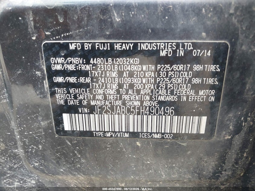 2015 Subaru Forester VIN JF2SJABC5FH490496 IAAI salvage auction — FRONT END, Mv-907A (New York), sold $225 on 2026-07-07 (photo 9)