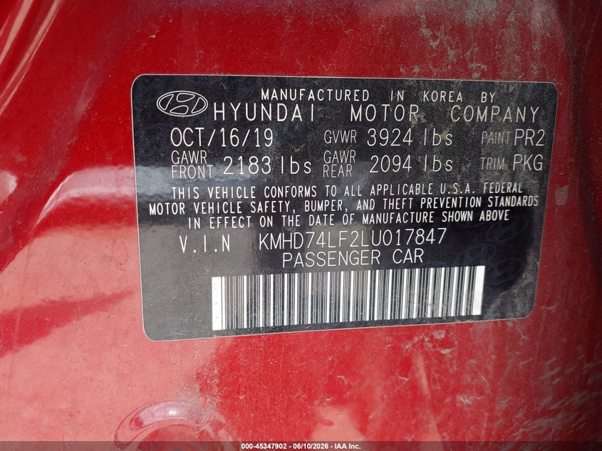 2020 Hyundai Elantra VIN KMHD74LF2LU017847 IAAI salvage auction — FRONT END, Salvage Title, sold $2,875 on 2026-07-20 (photo 9)