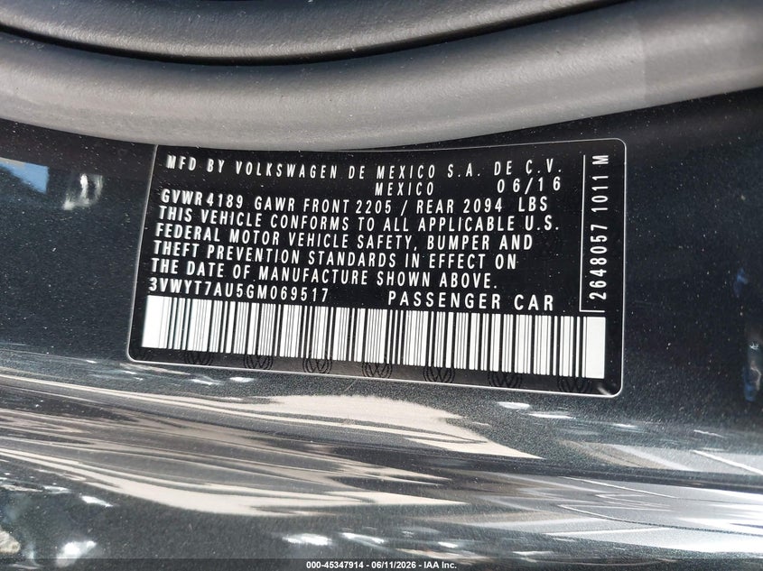 2016 Volkswagen Golf gti VIN 3VWYT7AU5GM069517 IAAI salvage auction — FRONT END, Bill Of Sale (Washington), sold $1,625 on 2026-07-08 (photo 9)