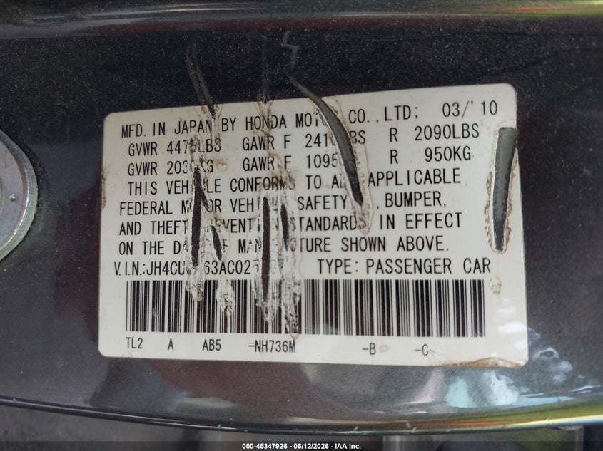 2010 Acura Tsx VIN JH4CU2F63AC025787 IAAI salvage auction — RIGHT SIDE, Salvage (Alabama), sold $350 on 2026-07-08 (photo 9)