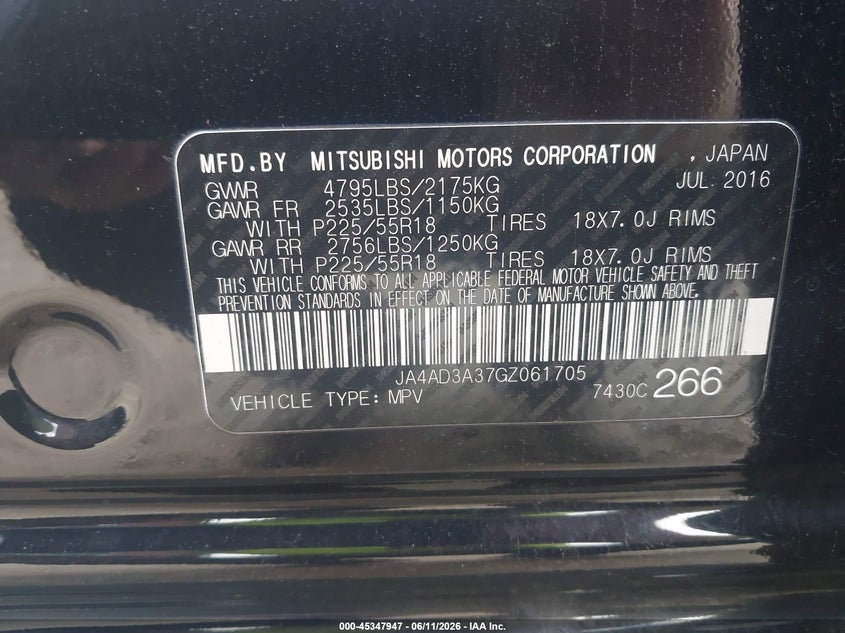 2016 Mitsubishi Outlander VIN JA4AD3A37GZ061705 IAAI salvage auction — ROOF, Salvage (Tennessee), sold $725 on 2026-07-08 (photo 9)