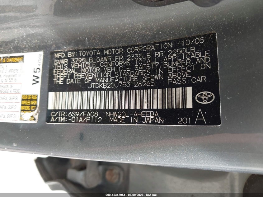2005 Toyota Prius VIN JTDKB20U753126265 IAAI salvage auction — NORMAL WEAR, Clear (Virginia), sold $300 on 2026-07-24 (photo 9)