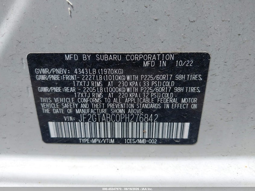 2023 Subaru Xv VIN JF2GTABC0PH276842 IAAI salvage auction — FRONT END, Salvage (Rhode Island), sold $3,200 on 2026-07-24 (photo 9)