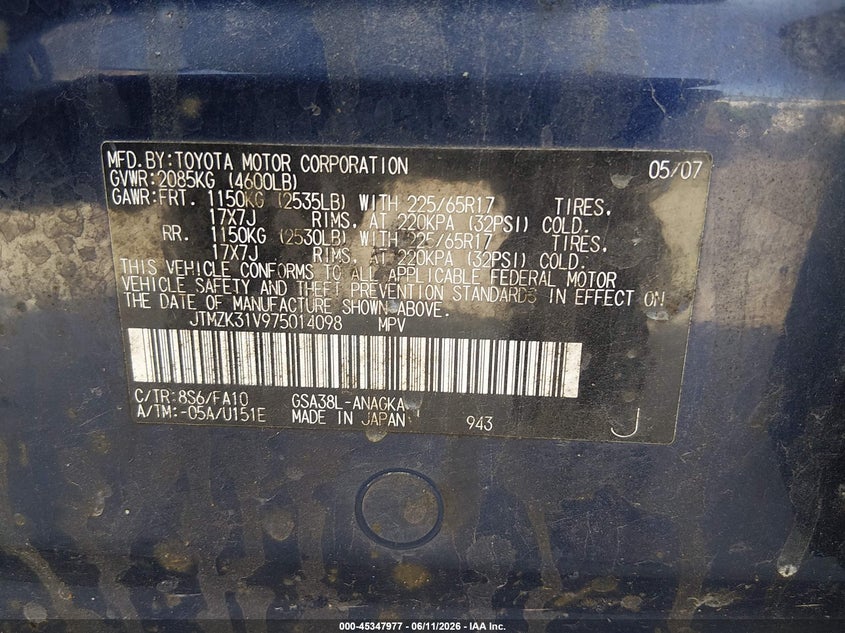 2007 Toyota Rav4 VIN JTMZK31V975014098 IAAI salvage auction — NORMAL WEAR, Clear (Illinois), sold $650 on 2026-07-28 (photo 9)