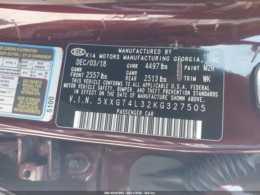 2019 Kia Optima VIN 5XXGT4L32KG327505 IAAI salvage auction — FRONT END, Salvage (California), sold $1,900 on 2026-07-14 (photo 9)