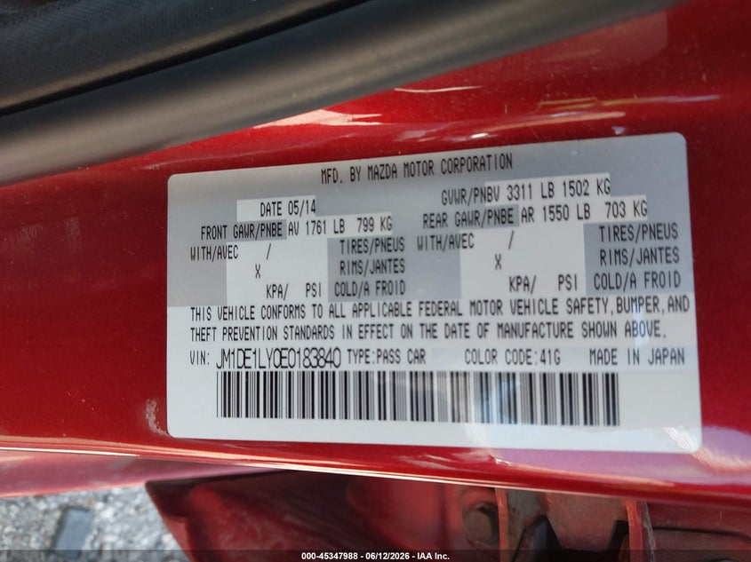 2014 Mazda 2 VIN JM1DE1LY0E0183840 IAAI salvage auction — LEFT SIDE, Clear (Wisconsin), sold $700 on 2026-07-28 (photo 9)