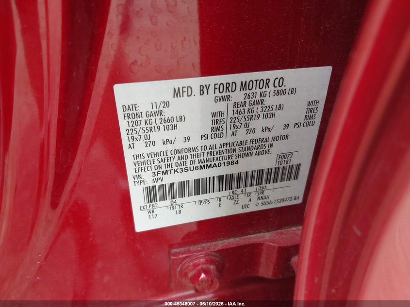 2021 Ford Mustang mach-e VIN 3FMTK3SU6MMA01984 IAAI salvage auction — FRONT & REAR, Salvage Title, sold $10,450 on 2026-08-27 (photo 9)