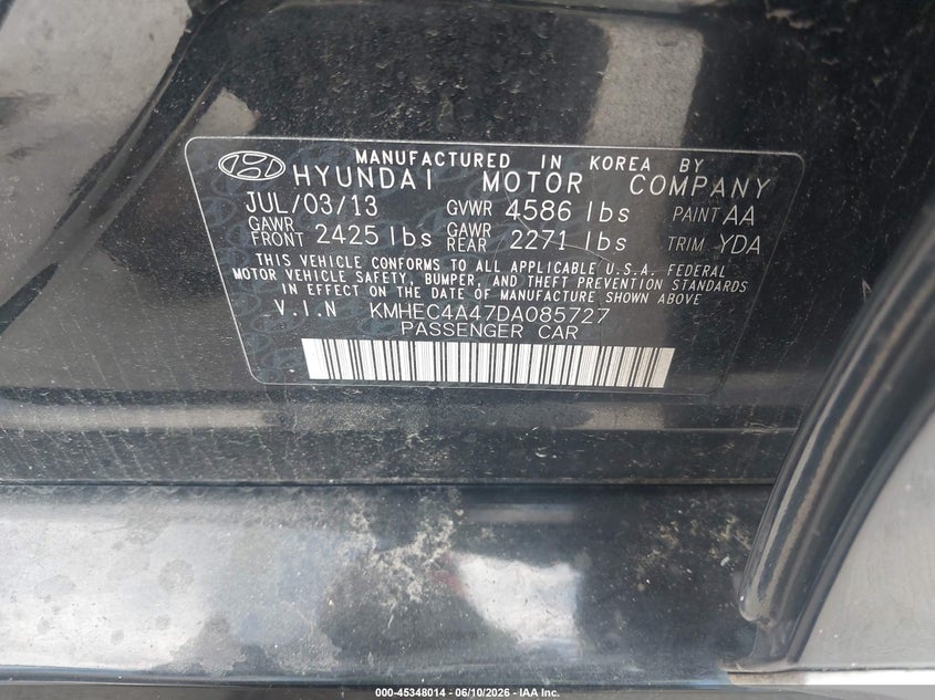 2013 Hyundai Sonata VIN KMHEC4A47DA085727 IAAI salvage auction — NORMAL WEAR, Original (Texas), sold $475 on 2026-07-10 (photo 9)
