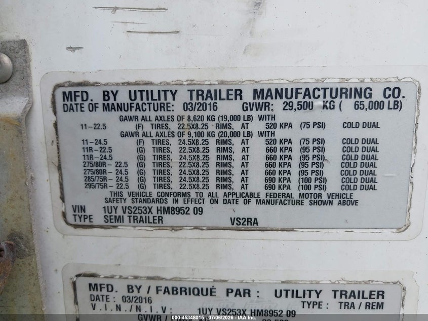 2017 Utility trailer mfg Unknown VIN 1UYVS253XHM895209 IAAI salvage auction — UNDERCARRIAGE, Mv-907A (New York), sold $6,500 on 2026-07-29 (photo 9)