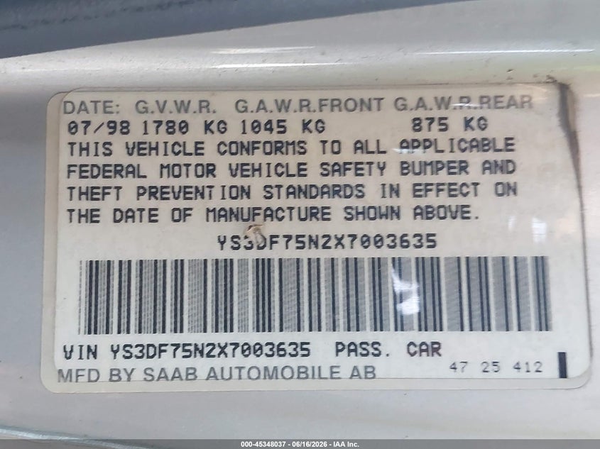 1999 Saab 9-3 VIN YS3DF75N2X7003635 IAAI salvage auction — FRONT END, Clear (Arizona), sold $325 on 2026-07-07 (photo 9)
