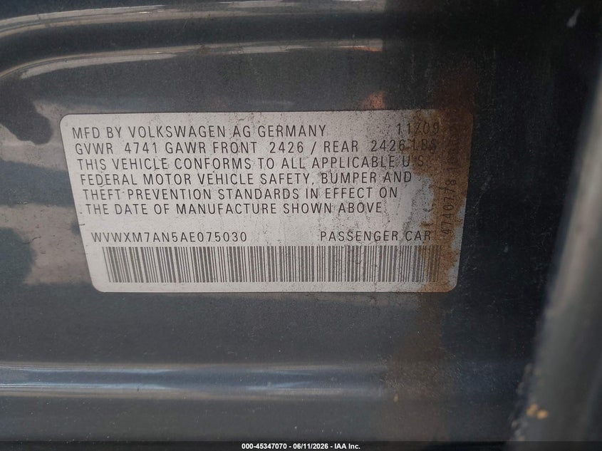 2010 Volkswagen Passat VIN WVWXM7AN5AE075030 IAAI salvage auction — FRONT END, Salvage (North Carolina), sold $400 on 2026-07-22 (photo 9)