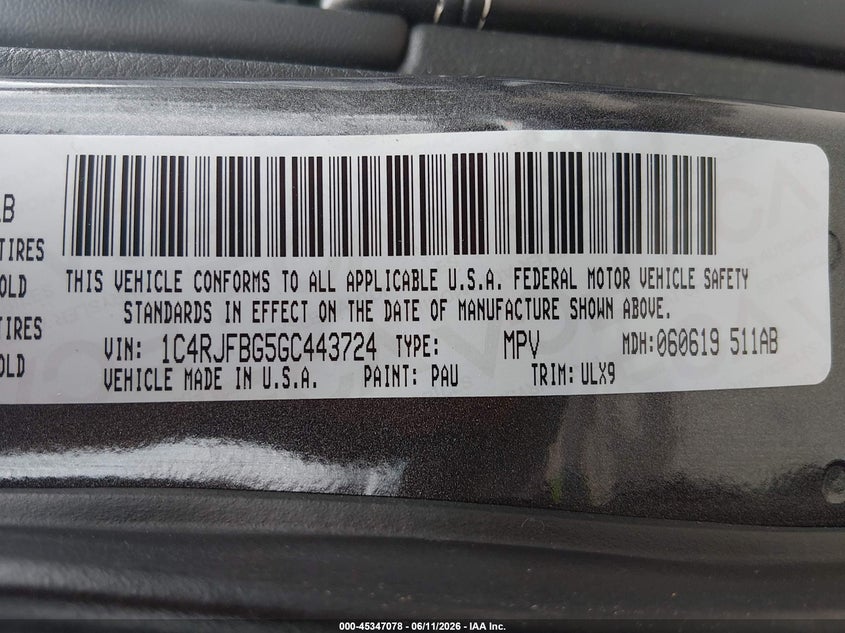 2016 Jeep Grand cherokee VIN 1C4RJFBG5GC443724 IAAI salvage auction — RIGHT FRONT, Salvage (Missouri), sold $3,350 on 2026-07-18 (photo 9)