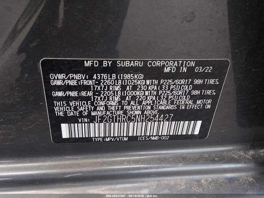 2022 Subaru Xv VIN JF2GTHRC5NH254427 IAAI salvage auction — REAR END, Salvage (Arizona), sold $4,200 on 2026-07-27 (photo 9)