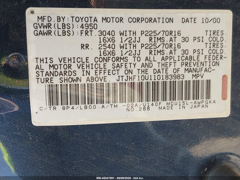 2001 Lexus Rx VIN JTJHF10U110183983 IAAI salvage auction — NORMAL WEAR, Regular (Nevada), sold $475 on 2026-07-10 (photo 9)