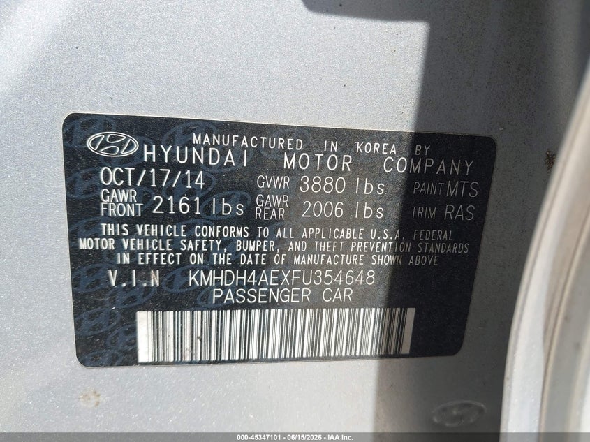 2015 Hyundai Elantra VIN KMHDH4AEXFU354648 IAAI salvage auction — FRONT END, Salvage (North Carolina), sold $1,225 on 2026-07-06 (photo 9)