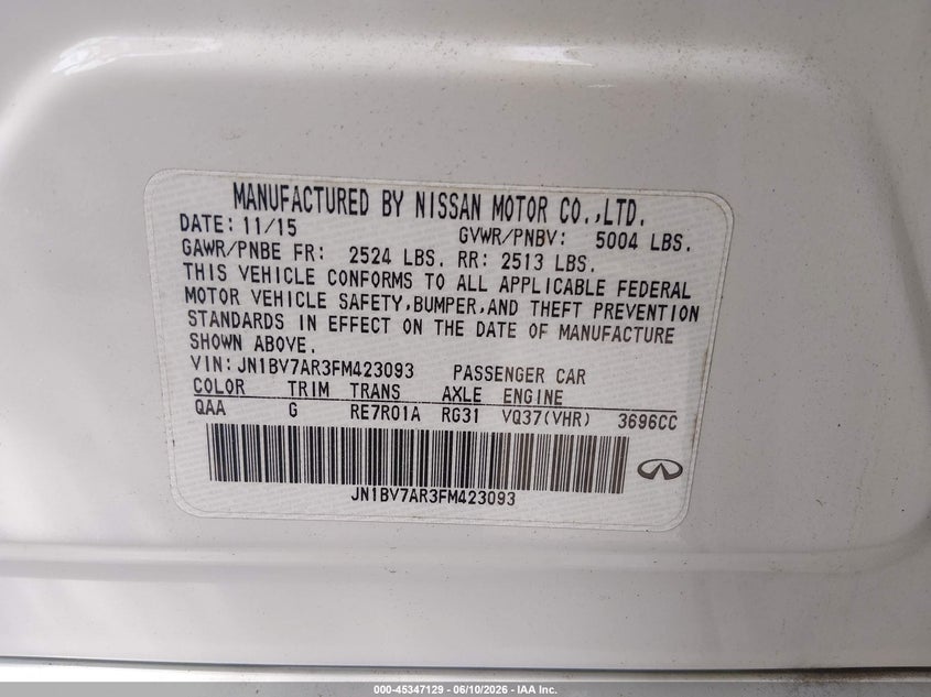 2015 Infiniti Q50 VIN JN1BV7AR3FM423093 IAAI salvage auction — RIGHT FRONT, Salvage (Rhode Island), sold $850 on 2026-07-14 (photo 9)