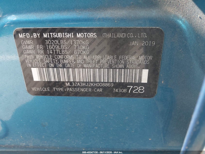 2019 Mitsubishi Mirage VIN ML32A3HJ2KH008869 IAAI salvage auction — FRONT END, Salvage (North Carolina), sold $1,600 on 2026-07-08 (photo 9)