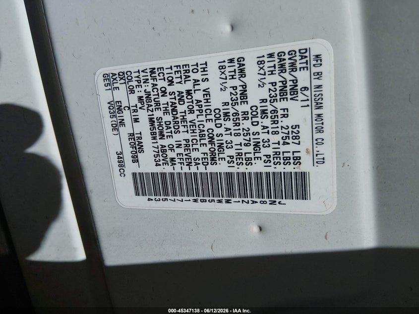 2011 Nissan Murano VIN JN8AZ1MW5BW177534 IAAI salvage auction — REAR END, Salvage (Nevada), sold $1,025 on 2026-07-10 (photo 9)