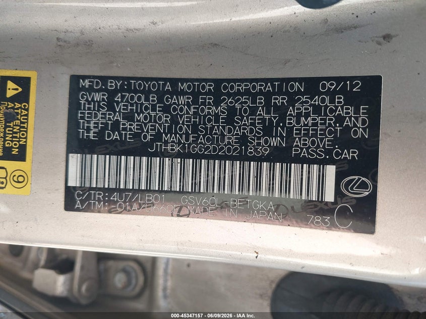 2013 Lexus ES VIN JTHBK1GG2D2021839 IAAI salvage auction — NORMAL WEAR, Salvage Title, sold $975 on 2026-07-29 (photo 9)