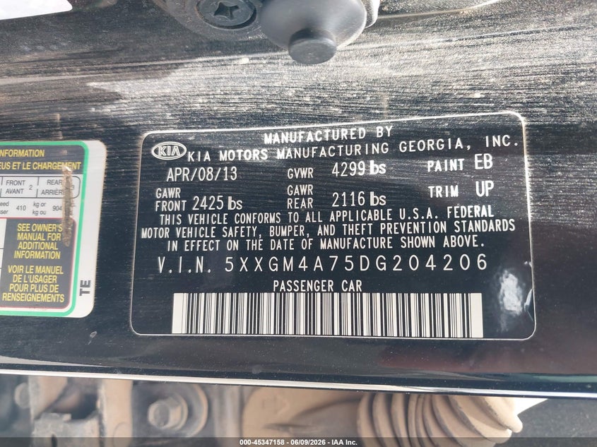 2013 Kia Optima VIN 5XXGM4A75DG204206 IAAI salvage auction — FRONT END, Salvage Title, sold $175 on 2026-07-11 (photo 9)