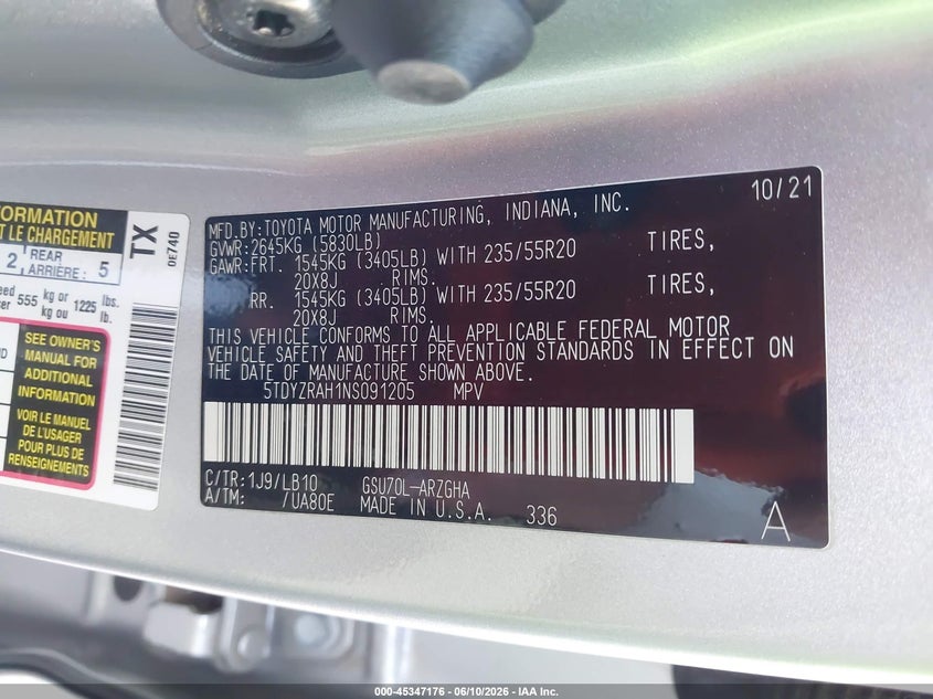 2022 Toyota Highlander VIN 5TDYZRAH1NS091205 IAAI salvage auction — FRONT END, Salvage Title, sold $12,100 on 2026-07-21 (photo 9)