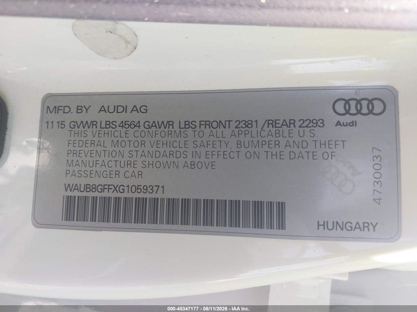 2016 Audi A3 VIN WAUB8GFFXG1059371 IAAI salvage auction — Burn Engine, Salvage (Pennsylvania), sold $350 on 2026-07-07 (photo 9)