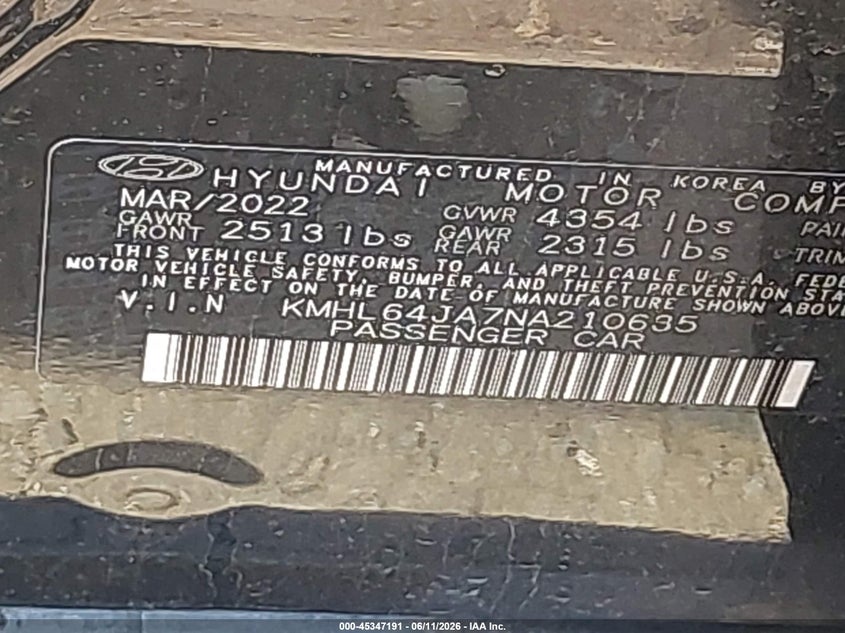 2022 Hyundai Sonata VIN KMHL64JA7NA210635 IAAI salvage auction — REAR END, Mv-907A (New York), sold $25 on 2026-07-28 (photo 9)
