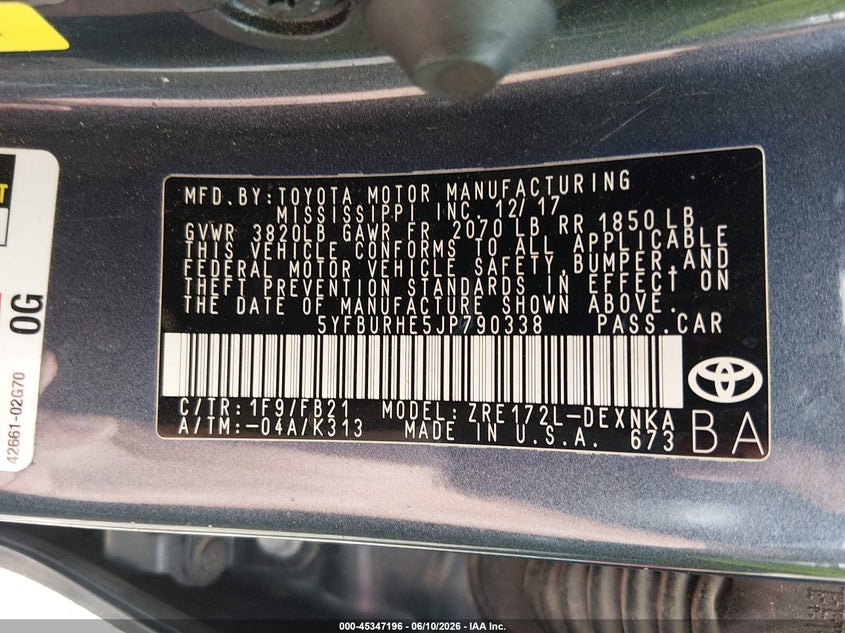 2018 Toyota Corolla VIN 5YFBURHE5JP790338 IAAI salvage auction — WATER/FLOOD, Salvage (Arkansas), sold $4,050 on 2026-07-09 (photo 9)