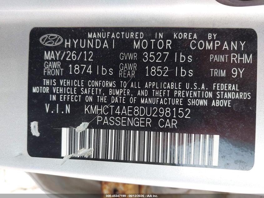 2013 Hyundai Accent VIN KMHCT4AE8DU298152 IAAI salvage auction — NORMAL WEAR, Original (Maine), sold $450 on 2026-07-13 (photo 9)