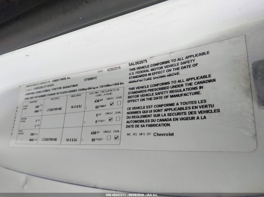 2015 Chevrolet Express 2500 VIN 1GB3G2BLXF1161474 IAAI salvage auction — NORMAL WEAR, Sf97 (Maryland), sold $7,600 on 2026-07-21 (photo 9)