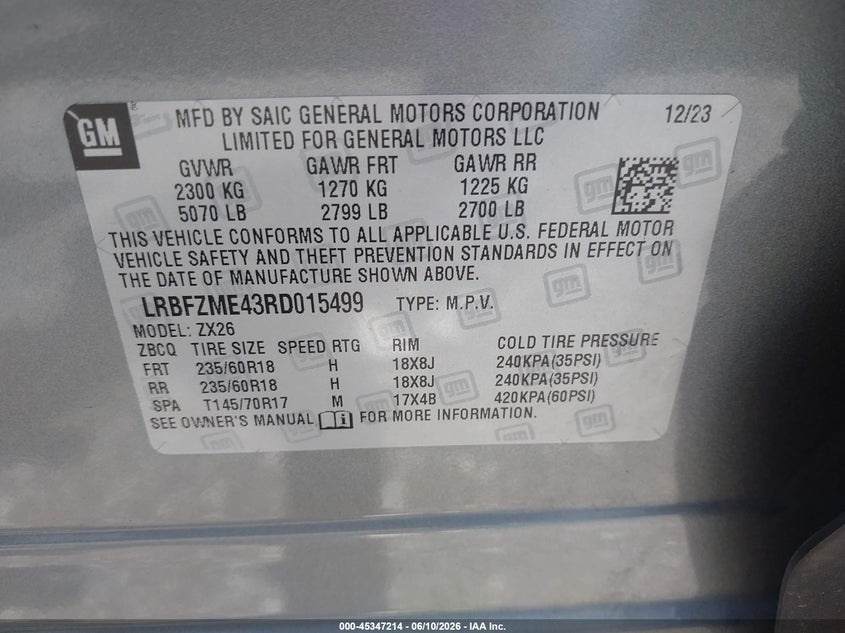 2024 Buick Envision VIN LRBFZME43RD015499 IAAI salvage auction — ALL OVER, Rebuildable (Florida), sold $6,700 on 2026-07-09 (photo 9)