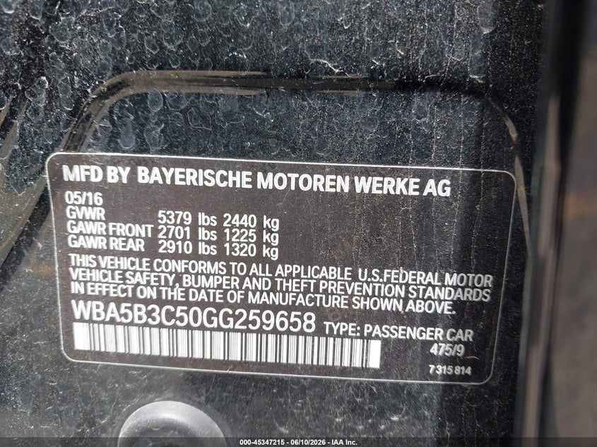 2016 BMW 5er VIN WBA5B3C50GG259658 IAAI salvage auction — FRONT END, Rebuildable (Florida), sold $2,600 on 2026-07-13 (photo 9)